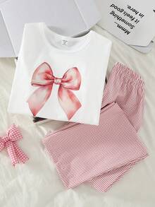 女童蝴蝶印花白色长袖上衣和经典条纹休闲裤家居服套装 - 彩色 - 查看 6