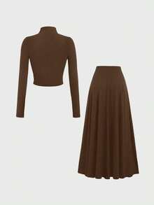 Franclia Women's Elegant Long Sleeve Knit 2 Pieces Set, Autumn/Winter - Coffee Brown - View 2