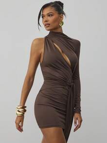 Hauture Vestido mini casual asimétrico con un hombro descubierto, cuello alto, recorte y faja, de estilo discreto y recatado - Marrón - Ver 5