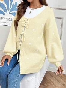 SHEIN Pregnant Women's Casual Heart Pattern Tie-Front Drop Shoulder Long Sleeve Cardigan - Yellow - View 5