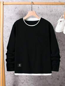 1 件男童休闲套头圆领长袖 T 恤，撞色领口和下摆设计，低调高端细节，舒适面料，适合夏季和秋季 - 黑色 - 查看 3