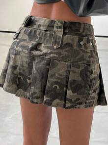 StreetHx 女士夏季时尚迷彩褶饰腰带迷你牛仔裙 - 彩色 - 查看 2