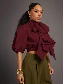 Vixey 夸张蝴蝶结泡泡袖拉链梭织上衣 - 酒紅色 - 查看 3