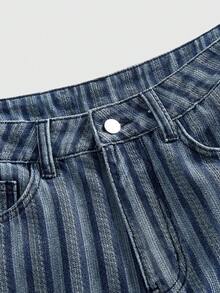 ROMWE MEN Prep Men's Casual Fashion Street Patchwork Striped Print Distressed Loose Wide-Leg Jeans - Blue - View 4