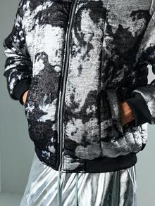ROMWE MEN Street Life 男士时尚拉链深色纹理长袖羽绒服 - 黑色 - 查看 6