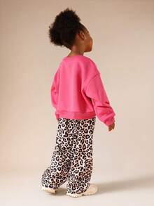 SUMWON Girls Boxy Pink Sweatshirt With Raised Text Design Pullover And Leopard Print Sweatpants Crew Neck Long Sleeve Top Vacation - Multicolor - View 2