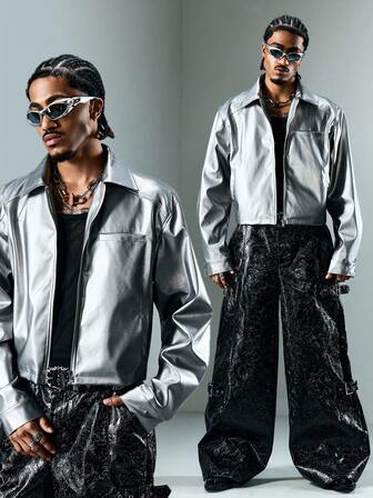 Street Life Chaqueta casual de manga larga minimalista de plata para hombres