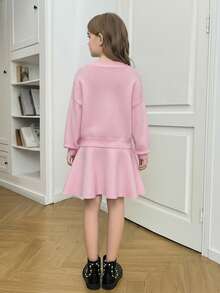 SHEIN Tween Girl Casual Pearl Beaded Loose Long Sleeve Turtleneck Sweater & Ruffle Hem Elegant A-Line Skirt Set, Pink - Pink - View 2