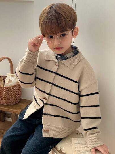 Hapijoa Toddler Boys' Colorblock Striped Polo Collar Long Sleeve Sweater