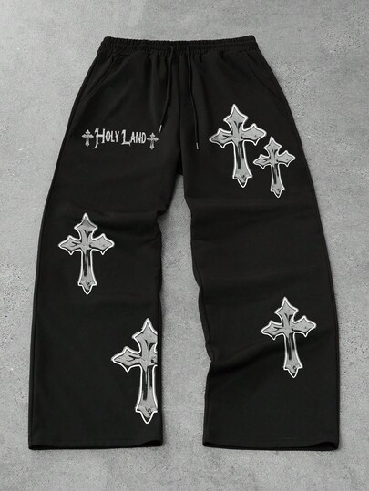 Street Life Pantalon de jogging ample et décontracté pour hommes avec imprimé croisé, joggers droits confortables, automne/hiver