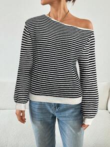 Siren Gaze 女装秋冬时尚露肩领不对称领条纹长袖毛衣海岸魅力条纹落肩毛衣海军风毛衣 - 黑與白 - 查看 4