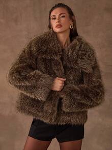 SHEIN BAE Women's Elegant Faux Fur Coat In Shades Of Brown,Winter Oversized Warm Outerwear For Night Out,Parties And Travel,Solid-Color Long-Sleeve Style - Coffee Brown - View 6