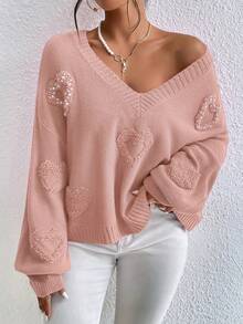SHEIN LUNE Heart Pattern Drop Shoulder Faux Pearls Beaded Sweater,Long Sleeve Tops Knit Pullover Fall Winter Outfit