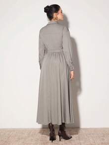 Modelyn Vestido midi elegante para mulher com gola de camisa e riscas cinzentas, manga comprida, estilo commuter para escritório, outono/inverno - Caqui - Ver 8