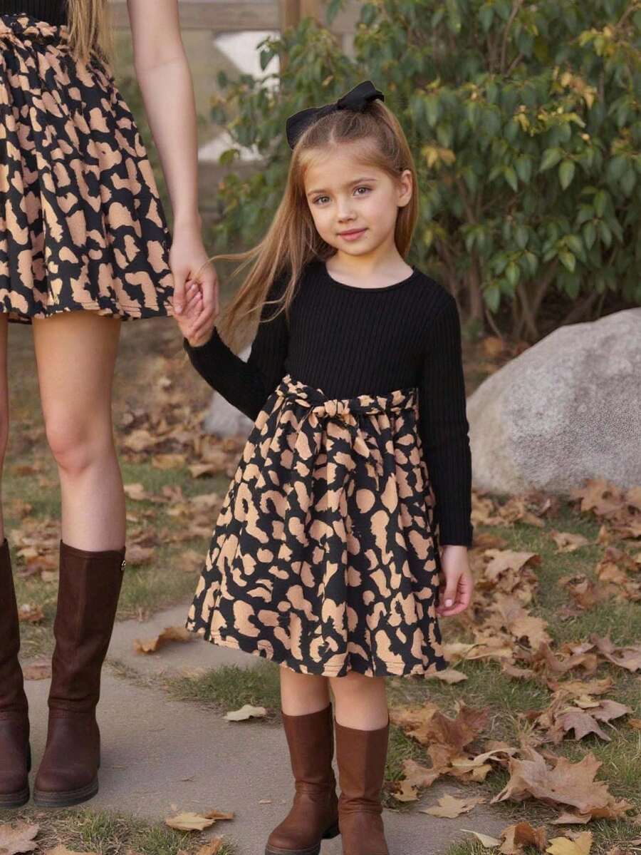 SHEIN Young Girls' Knitted Crew Neck Patchwork Leopard Print Casual Dress, Jacquard Leopard Print Long Sleeve Dress, Suitable For Autumn/Winter - Multicolor - View 1