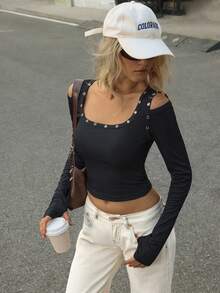 Zielony Damen Punk-Stil Bodysuit mit goldenem Hohldekor, Off-Shoulder vintage Gothic T-Shirt, geeignet für Ausgänge, Halloween und Herbstmode