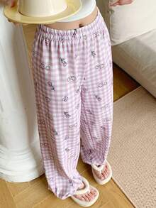 DAZY 女式格子花卉印花宽松睡裤，秋季 - 粉色 - 查看 1
