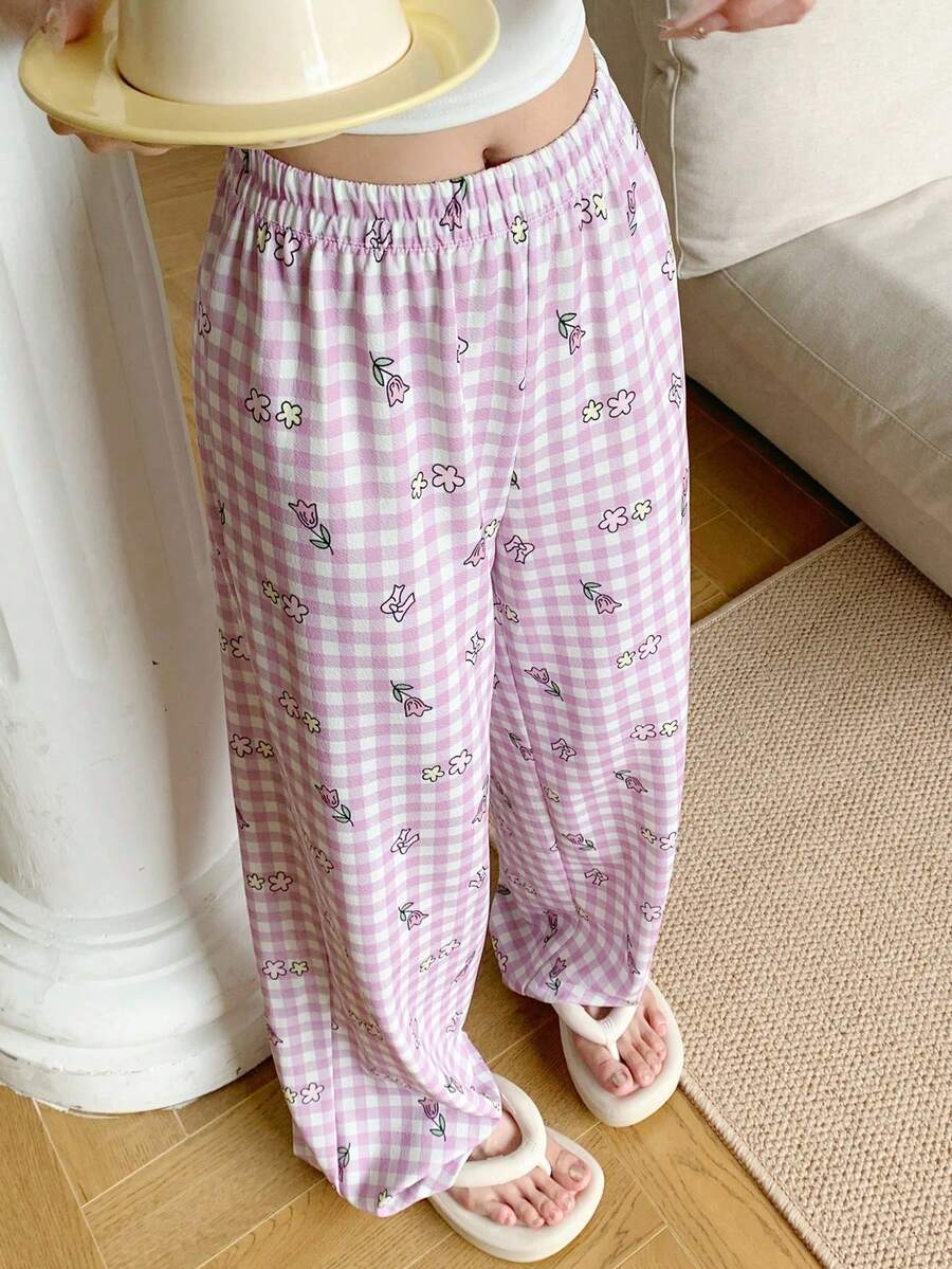 DAZY 女式格子花卉印花宽松睡裤，秋季 - 粉色 - 查看 1