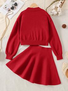 SHEIN Tween Girl Loose Long Sleeve Turtleneck Sweater & Ruffle Hem A- Winter Skirt Set, Red And White, Autumn, Elegant, Party Knit Clothes Matching Outfits - Red - View 2