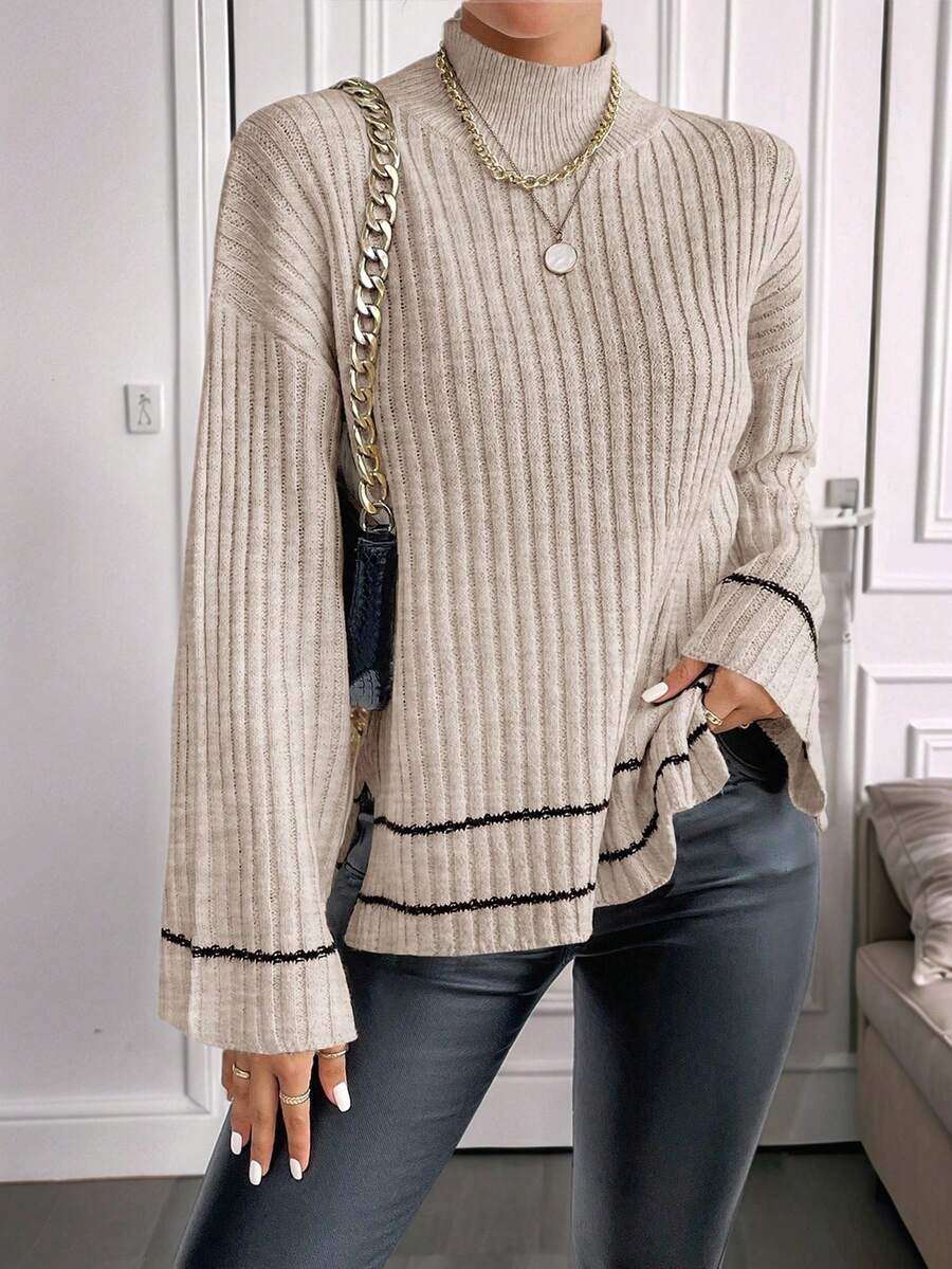 SHEIN كنزة صوفية نسائية كاجوال طويلة الياقة بقصة الكتل اللونية مع شق جانبي، مناسبة للخريف والشتاء - كاكي - مشاهدة 1