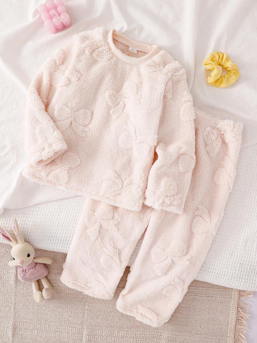 2件套少女可爱简约舒适针织圆领蓬松粉色长袖上衣和裤子睡衣套装带蝴蝶结图案 - 杏色 - 查看 1