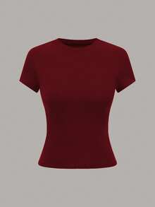 SHEIN LUNE Women's Casual Solid Color Fitted Short Sleeve T-Shirt - Multicolor - View 3