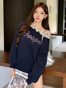 DAZY 女式拼色蕾丝拼布水钻字母图案提花宽松针织毛衣，适合秋季、冬季、新年、圣诞节 - 藏蓝色 - 查看 8