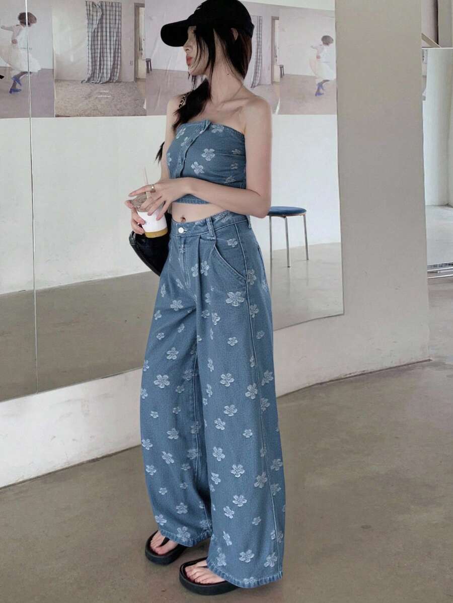 DAZY 女士花卉印花抹胸和直筒宽松裤度假风休闲牛仔套装 - 淺色水洗藍 - 查看 1