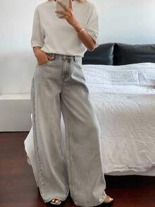 Dazy Tall Women's Casual Washed High Waist Wide Leg Jeans - Grey - View 4