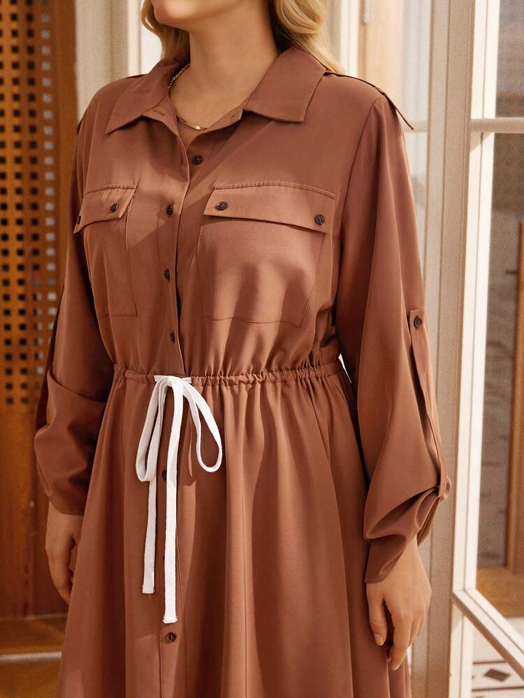 Plus Size Women's Solid Color Rolled Sleeve Drawstring Waist Single-Breasted Casual Shirt Dress Brown Dress For Women  Stylish Clothing Collection Elegant Party Clothes For New Year Christmas Clothes For Women  Winter Clothes For Women