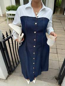 Dripcurv 大码秋冬蓝白撞色牛仔连衣裙，前襟纽扣设计，优雅女装，新年造型，圣诞节女装，感恩节女装 - 藍色 - 查看 3