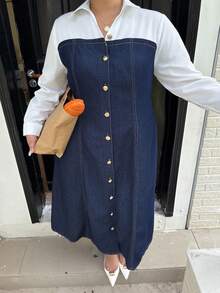 Dripcurv 大码秋冬蓝白撞色牛仔连衣裙，前襟纽扣设计，优雅女装，新年造型，圣诞节女装，感恩节女装 - 藍色 - 查看 5