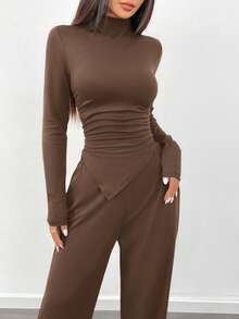 Almamuse 2pcs/Set Asymmetric Ruched Hem Long Sleeve T-Shirt And Wide Leg Pants - Brown - View 6