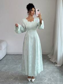 Yasmyna 女士提花绿色水钻系带修身 A 字优雅阿拉伯连衣裙 - 綠色 - 查看 3