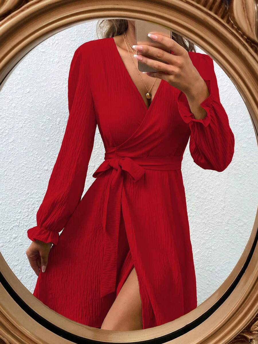 EMERY ROSE 干玫瑰裹身式浪漫性感V领连衣裙 - 紅色 - 查看 1
