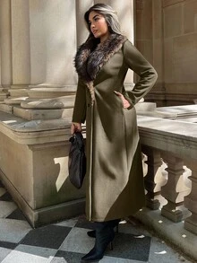 Xyvia 标准尺寸女式长款翻领大衣，仿毛领，双排扣，A 字型，秋冬款 - 軍綠色 - 查看 3