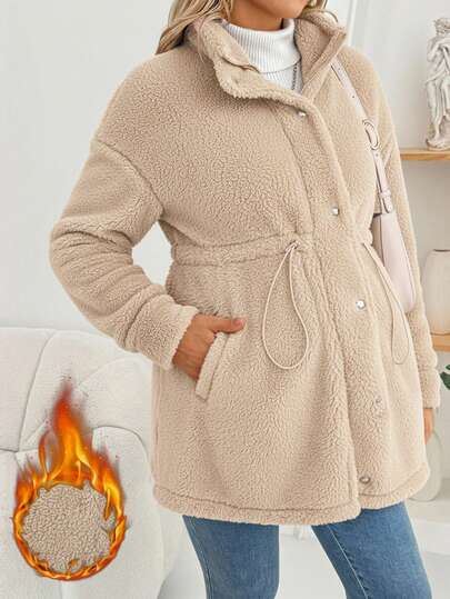 SHEIN Pregnant Women's Solid Color Drop Shoulder Long Sleeve Drawstring Waist Pocket Fleece Casual Regular Jacket, Autumn/Winter