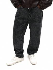 SUMWON Acid Wash Straight Fit Denim Jeans For Streetwear Urban Casual Winter Fall Fashion Plain - Black - View 1