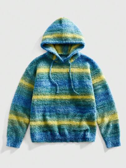 Street Life Men's Casual Contrast Color Loose Fluffy Knit Drawstring Hoodie Sweater, Autumn/Winter