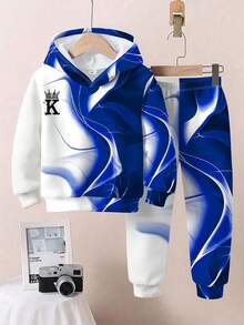 SHEIN 2 件套年轻男孩休闲时尚经典酷炫水滴渐变图案印花，国王皇冠图案宽松套头连帽运动衫，适合秋冬季