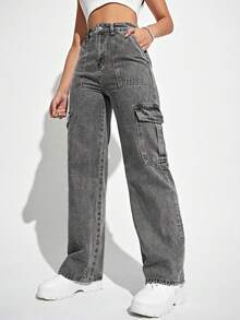 SHEIN ICON Women's Thermal Lined Denim Jeans With Multiple Pockets, Warm For Autumn/Winter - Grey - View 6