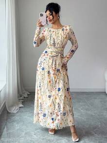 Rafferiza 女式优雅花卉网眼褶饰抽绳长袖连衣裙 - 杏色 - 查看 4