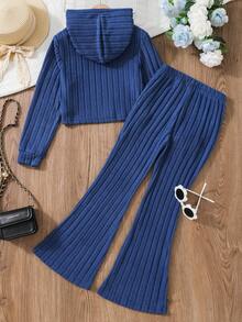 SHEIN 2pcs/Set Tween Girl Solid Color Ribbed Hooded Sweater And Flared Pants Casual Outfit, Fall & Winter - Blue - View 2