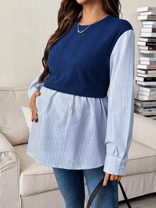 SHEIN Maternity Casual Striped Patchwork Nursing Top, Autumn