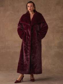 SHEIN BAE 女士优雅长款仿毛领大衣，秋冬 - 酒紅色 - 查看 4