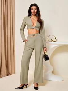 Bluhae 女士镂空长袖上衣和宽松直筒裤不对称系带腰部两件套 - 卡其色 - 查看 1