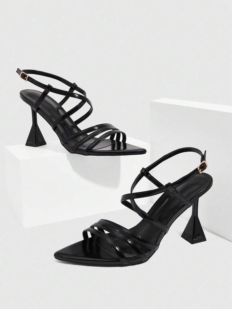 CUCCOO SZL Black Patent PU Strap Buckle Ankle Strap Fashionable Sexy Pointed Toe Chunky Heel Painted High Heel Sandals
