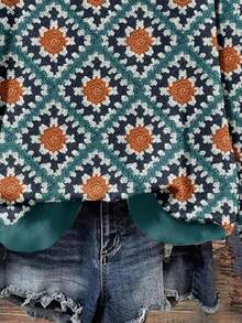 Mellowie 休闲简约菱形针织几何印花圆领宽松女式运动衫，适合秋冬季 - 彩色 - 查看 3