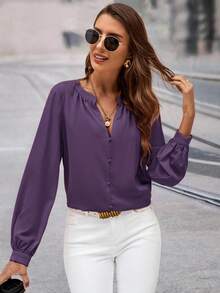 Editum Blusa de manga larga con cuello en V y pliegues, versátil y de moda, adecuada para ir al trabajo y uso casual, otoño/invierno - Morado - Ver 5
