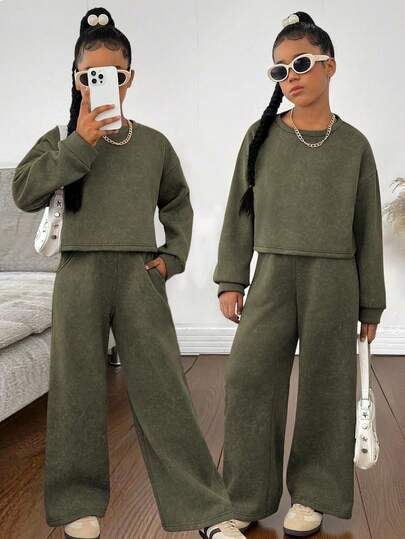 Sparklyn Tween Girls Casual All-Match Versatile Daily School Sports Street Acid-Washed Loose Crop Sweatshirt + Wide Leg Pants Set
